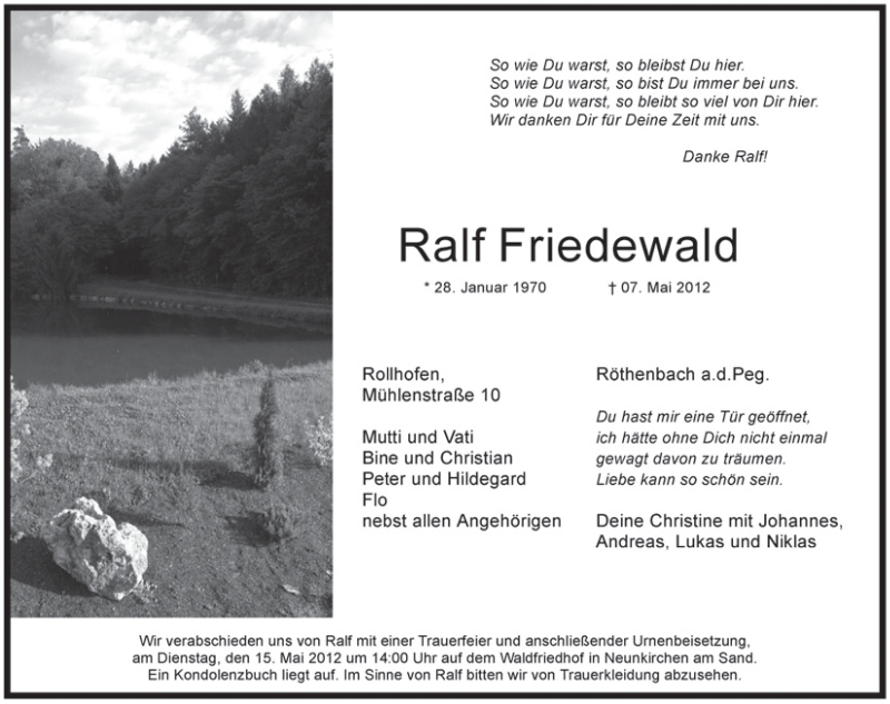 Traueranzeige für Ralf Friedewald vom 12.05.2012 aus Pegnitz-Zeitung